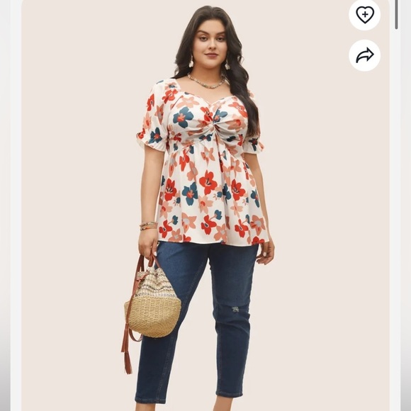 BloomChic Plus Size Floral Square Neck Twist Front Elastic Waist Blouse - Picture 5 of 5